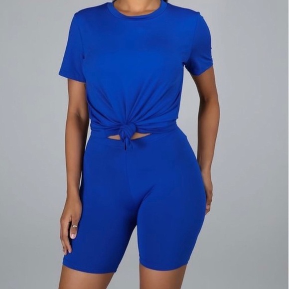 Royal Blue Two Piece Outfit for Women Short Sleeve High Waisted Biker Shorts Set - Picture 1 of 2